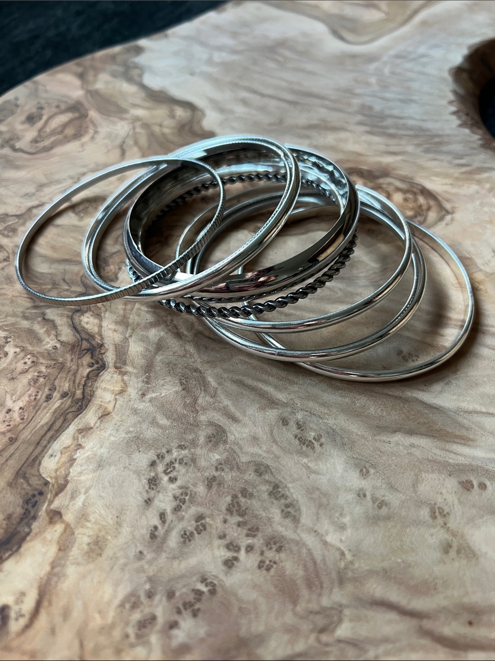 9 Silve-Tone Stackable Bangle Bracelets Different textures and widths